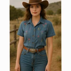 Tantrum Blues Denim Embroidered Floral Shirt‎ Top Size M Cottagecore Western Vtg